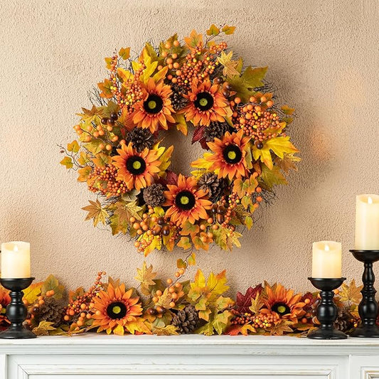 Glitzhome 24'' Fall Wreath for Front Door Decor, Artificial Autumn Orange Wreath with Sunflower, Maple Leaf and Berry Ornament for Wall Fireplace Farmhouse Thanksgiving Day Harvest Festival Decor-HomvellaHome