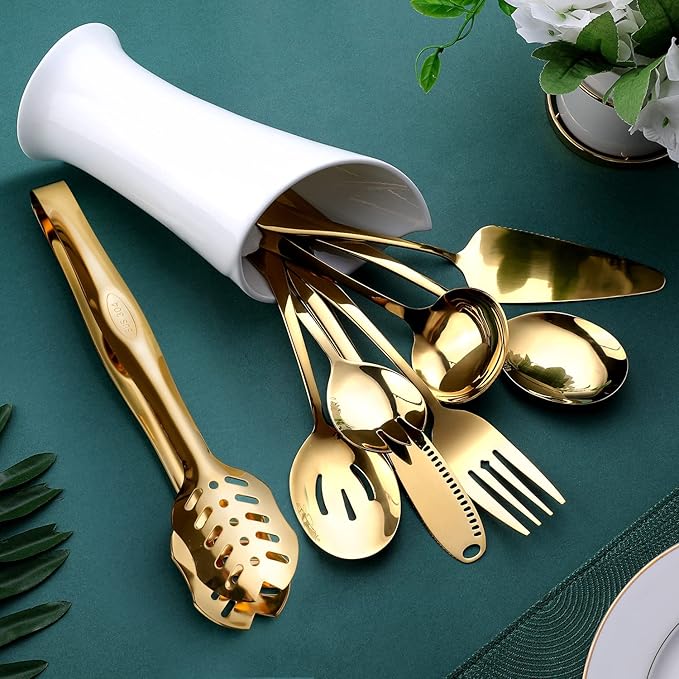 Gold Serving Utensils, OGORI 8-Piece Polished Stainless Steel Flatware Silverware Set Include Serving Spoon, Slotted Spoon, Cake Server, Soup Ladle, Fork, Salad Fork, Butter Knife, Serving Tong-HomvellaHome