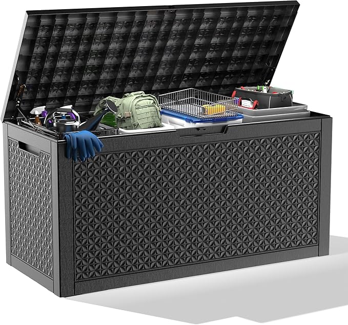 100 Gallon Resin Deck Box, Lockable Outdoor Storage Box for Patio Cushions Storage Furniture,Garden Tools, Pool Supplies, Weatherproof and UV Resistant（Black L）-HomvellaHome