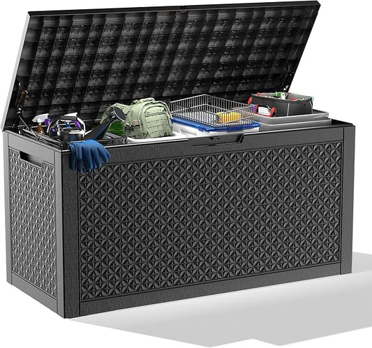 100 Gallon Resin Deck Box, Lockable Outdoor Storage Box for Patio Cushions Storage Furniture,Garden Tools, Pool Supplies, Weatherproof and UV Resistant（Black L）-HomvellaHome