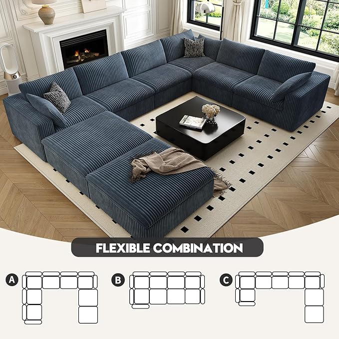 157.5" Cloud Couch Oversized Modular Sectional Sofa for Living Room,Modern Sofa with Deep Seat，8 Seater Boneless Couch with 2 Ottoman,Comfy Upholstered Couches for Apartment, Studio, Office,Blue-HomvellaHome