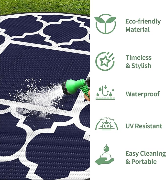 GENIMO 10 ' Round Outdoor Rug for Patio, Waterproof Indoor Outdoor Plastic Straw Rugs Carpet, Reversible Outside Area Mat for Camping, Balcony Porch, Deck, Picnic, Blue White-HomvellaHome