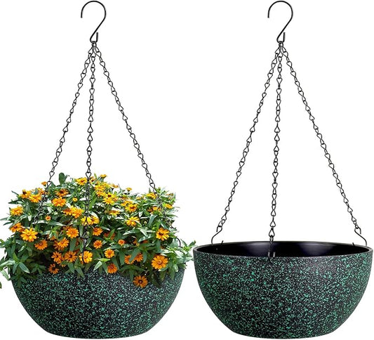 10inch Hanging Planters for Outdoor Indoor Plants with Drainage Holes and Chain, 2 Pack Round Hanging Flower Pots for Garden Home Porch Decor, Black with Green Speckles-HomvellaHome