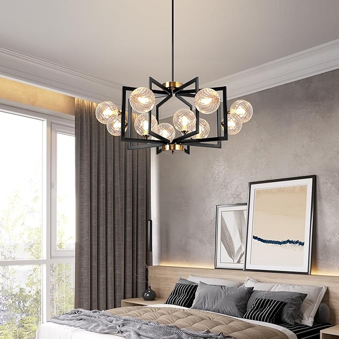 12 Light Black Farmhouse Chandelier Geometric Metal Dining Room Light Fixture Height Adjustable Black Chandeliers for Dining Room Clear Glass Farmhouse Industrial Pendant Lights for Bedroom, Entryway-HomvellaHome
