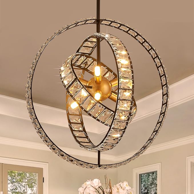 18" Crystal Globe Sputnik Chandelier, 6-Light Black Gold Modern Adjustable Hanging Ceiling Pendant Light Fixture for Entryway Foyer Stairway Bedroom Dining Living Room Hallway-HomvellaHome