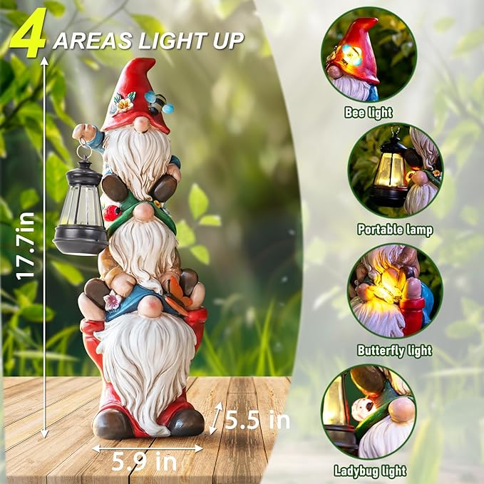 17 in Large Garden Gnome Statue with Solar Lights Sculptures Funny Triple Big Gnome Outdoor Patio Lawn Yard Balcony Garden Home Decor Gifts for Women Mom-HomvellaHome