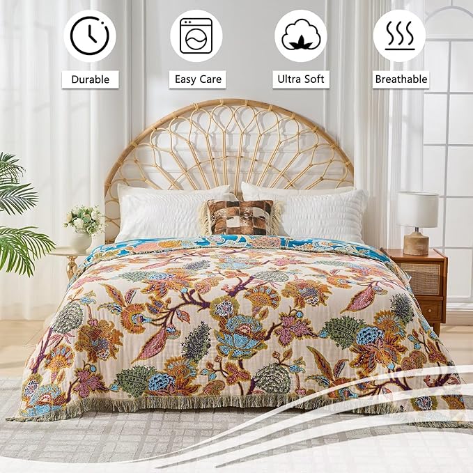 100% Muslin Throw Blanket for Couch, Butterfly and Floral Double Embroidery Fall Throw Blanket 60"x80" for Sofa, Chair, Woven Cotton Reversible Mexican Blanket-HomvellaHome