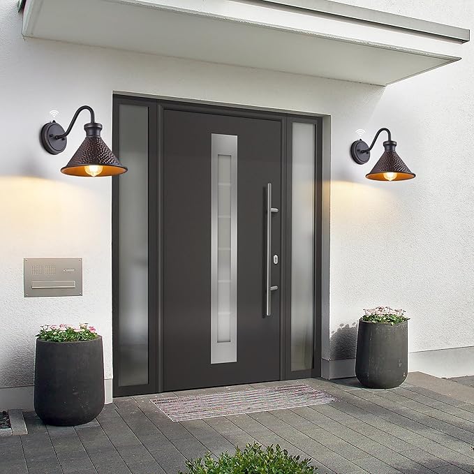 2 Pack Dusk to Dawn Outdoor Wall Light Fixtures Photocell Sensor, Exterior Sconce Light with Cast Hammered Aluminum Shade, Outside Wall Mount Lamp for House Patio Garage Entryway Doorway-HomvellaHome