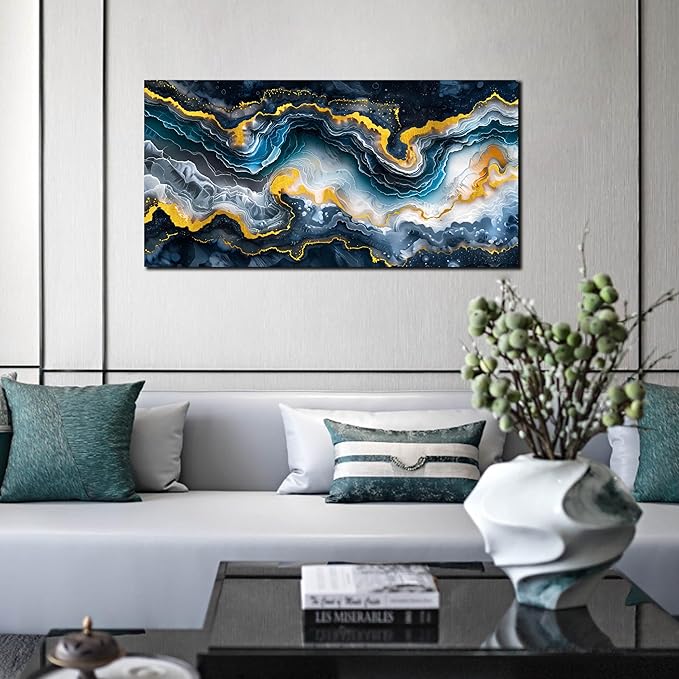 GUGIKA Abstract Wall Art for Living Room, Gold Black and Blue Canvas Wall-Art for Bedroom, Ocean Landscape Print Paintings, Size 40x20 Inches-HomvellaHome