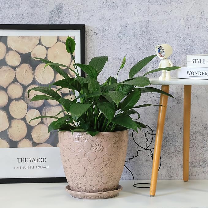 10inch Retro Ceramic Planter with Drainage Hole and Saucer for Multiple Plants, Indoor-Outdoor Garden Pots for Succulent, Orchid, and Flower (Fits Inner Pots Up to 9 Inch, Retro Peach)-HomvellaHome