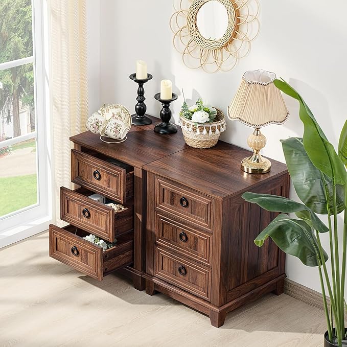 18" Farmhouse Night Stands Set of 2 with Charging Station, 2 & 3 Drawers End Table Dresser for Bedroom, Brown Wooden Nightstand, Bed Side Table with Open Shelf, Bedside Cabinet for Living Room-HomvellaHome