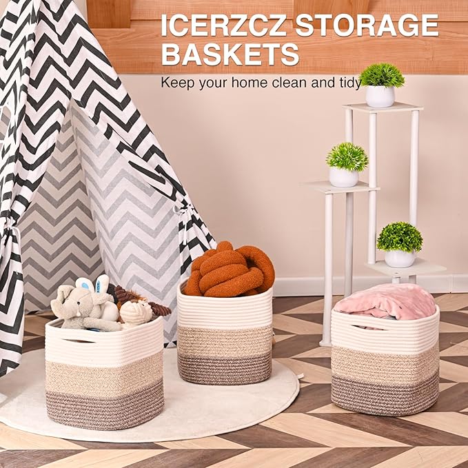 11 Inch Cube Storage Bins, Storage Cube Organizer Bins, Woven Cotton Rope Baskets for Storage, Storage Basket for Organizing Shelves, Square Baskets for Toys, Gradient Brown (Pack of 3)-HomvellaHome
