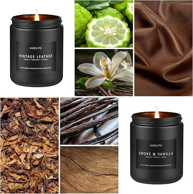 2 Pack Men Candles | Smoke & Vanilla + Vintage Leather - Scented Candles for Men - Masculines Candle - Soy Candle for Home Scented, Man Gifts, Black Jar - 7oz-HomvellaHome
