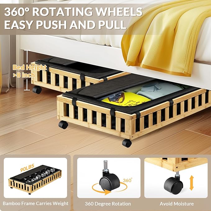 2 Pack Bamboo Under Bed Storage with Wheels, 39”x20”x7.8” Lager Under Bed Storage Containers (Natural)-HomvellaHome
