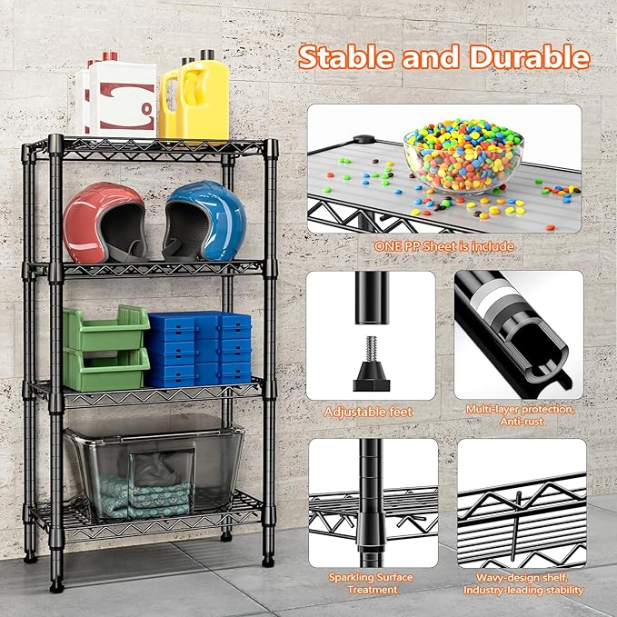 1000 lbs 4 Tier Shelf Metal Storage Shelves Wire Rack Closet Organizers with PP Board for Garage Kitchen Bathroom Laundry Black 11.8" D x 21.7" W x 39.5" H-HomvellaHome