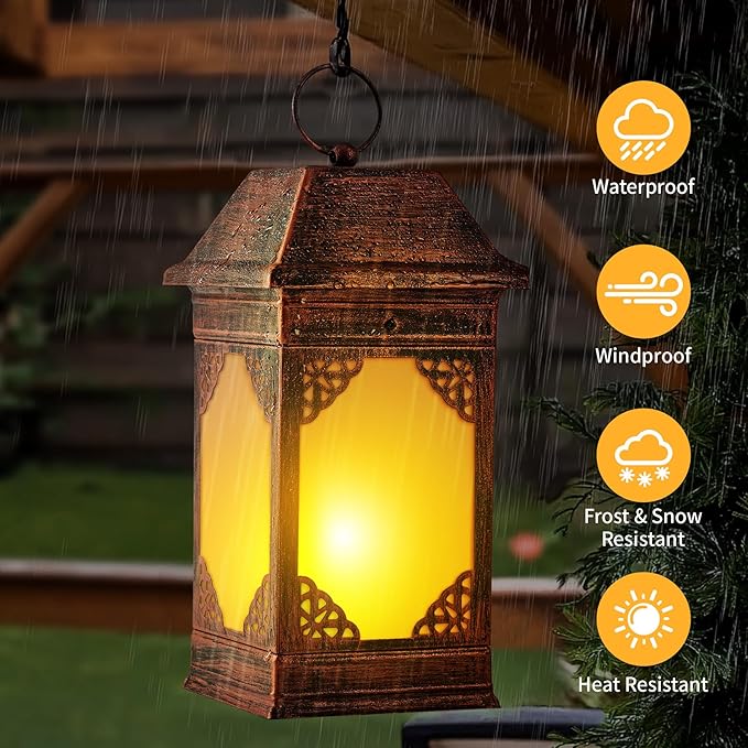 14" Solar Lanterns Outdoor Waterproof, Glass Flickering Flame Solar Lantern, Hanging Metal Lantern Decorative for Patio Front Porch Garden Backyard Tabletop Party Decoration-HomvellaHome