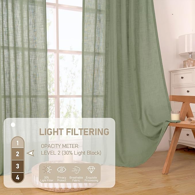 LAMIT Linen Curtians for Living Room 80 Inch Length, Bronze Grommet Light Filtering Semi Sheer Neutral Lightweight Rustic Farmhouse Boho Drapes for Bedroom, 2 Panels, Sage Green, 34 x 80 Inch-HomvellaHome