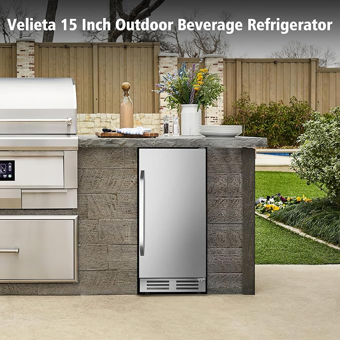 15 Inch Outdoor Beverage Refrigerator Cooler,Stainless Steel 127 Cans Beverage Fridge with French Door Under Counter Built-in or Freestanding, Perfect for Beer, Cola-HomvellaHome
