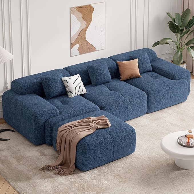 122" Modern L Shaped Modular Sectional Sofa, Boneless Couches for Living Room with Ottoman,4 Seater Convertible Chenille Cloud Couch Sofa Set, No Assembly Required, Blue 1 PCS-HomvellaHome