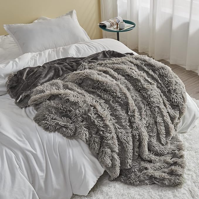 GONAAP Fuzzy Faux Fur Throw Blanket Twin Size Light Grey Super Soft Cozy Plush Fuzzy Shaggy Blanket for Couch Sofa Bed (Light Grey, Twin(60"x80"))-HomvellaHome
