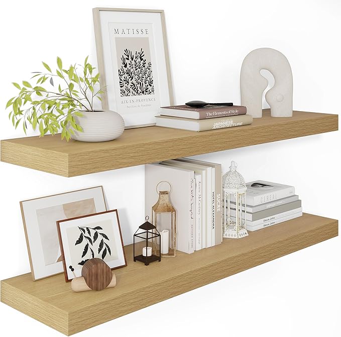 12 Inch Deep Floating Shelves 36 inch Long, 36 x 12 Wide Wall Shelves with Invisible Brackets, Heavy Duty Shelf for Bedroom Bathroom Living Room Kitchen Office Home Decor, Modern Shelf Set of 2, Oak-HomvellaHome