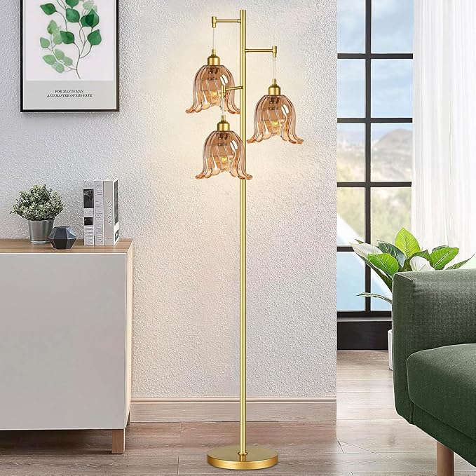 Gold Floor Lamp for Living Room,Bedroom,Tree 3 Light Standing Lamp Mid Century Modern Brass Tall Floor Lamps Vintage Retro Floor Lights Glass Flower Amber Lamp Shade Farmhouse Boho Bohemian-HomvellaHome