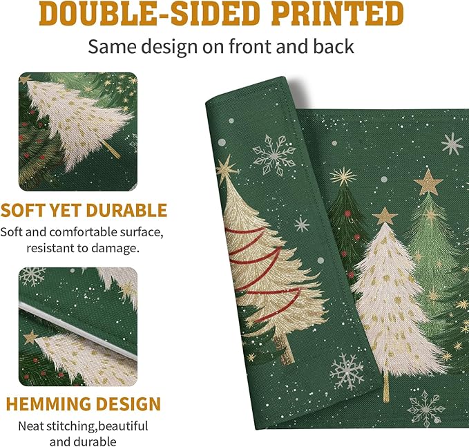 Green Christmas Tree Placemats Set of 4, 12x18 Inch Xmas Trees Snowflakes Winter Holiday Place Mats Seasonal Washable Linen Table Mats for Indoor Outdoor Kitchen Dining Party Décor-HomvellaHome