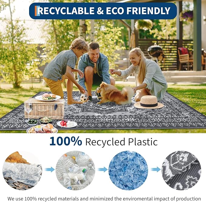 GAOMON Outdoor Patio Rug 9x12 Waterproof Reversible Plastic Straw Rug, Large UV-Resistant Portable RV Camping Mats, Indoor Outdoor Rugs for Outside Deck Porch Garden RV, Gray & White-HomvellaHome