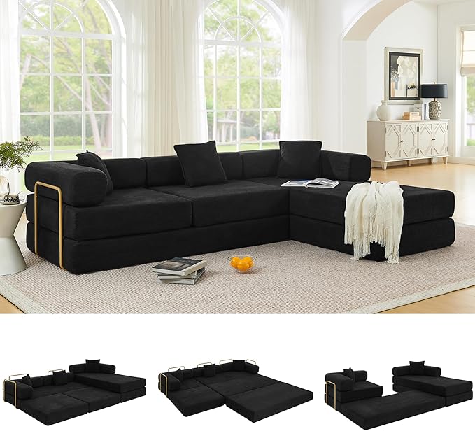 108" Oversized Convertible Sleeper Sofa Bed, Corduroy L Shape Sectional Couch, Folding Sofa Bed with Side Pocket, Modern Cloud Floor Mattress Couch, Modular Sofa for Living Room, Black-HomvellaHome
