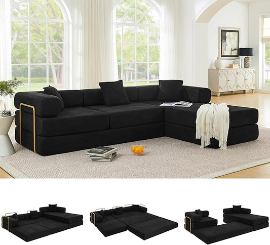 108" Oversized Convertible Sleeper Sofa Bed, Corduroy L Shape Sectional Couch, Folding Sofa Bed with Side Pocket, Modern Cloud Floor Mattress Couch, Modular Sofa for Living Room, Black-HomvellaHome