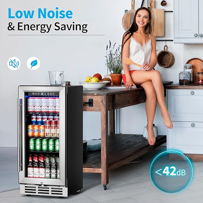 15 Inch Beverage Refrigerator Under Counter - 126 Cans Beverage Fridge with Glass Door for Beer Wine Soda - Built-in or Freestanding Wine Cooler with Safety Lock for Home Kitchen Bar-HomvellaHome