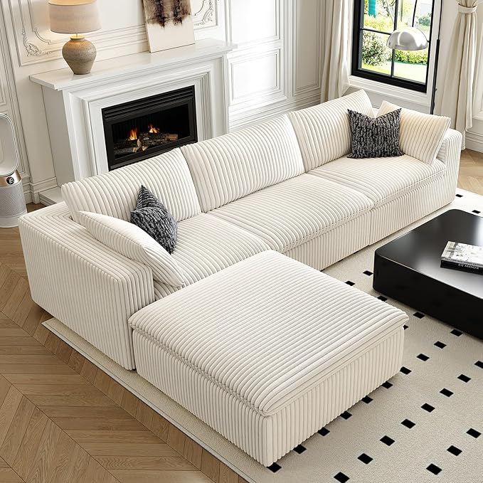 118" Cloud Couch Modular Sectional Sofa for Living Room,Modern Sofa with Deep Seat，L-Shape Boneless Couch with Ottoman,Comfy Upholstered Corduroy Couches for Apartment, Studio, Office,Bedroom，White-HomvellaHome