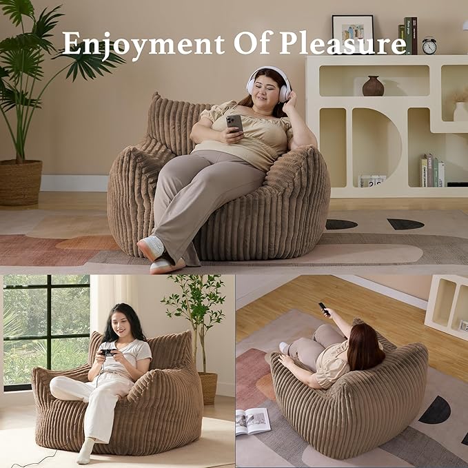 Giant Plush Bean Bag Chair for Adults with Armrests - Oversized Comfy Khaki Beanbag Lounge Lazy Floor Sofa Chair for Living Room, Bedroom & Dorm, Cozy Fluffy Single Cloud Mini Couch-HomvellaHome