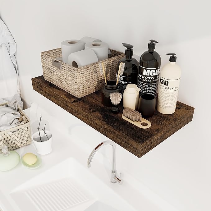 12 Inch Deep Floating Shelves, 24 x 12 Floating Shelf for Books, Rustic Wood Deep Wall Shelves for Home Storage & Display, 2" Thicked Shelves for Kitchen, Living Room, Bedroom, Rustic Brown, 2 Pack-HomvellaHome