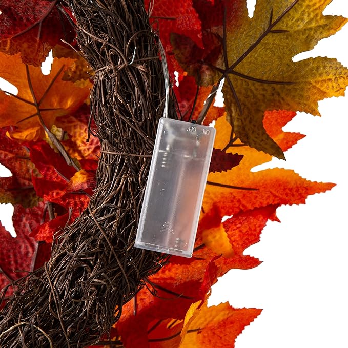 Glitzhome 24 Inch Pre-lit Fall Wreath, Autumn Wreath for Front Door, Lighted Maple Leaves Wreaths with Timer for Thanksgiving Halloween Christmas Wall Front Porch Home Decoration-HomvellaHome