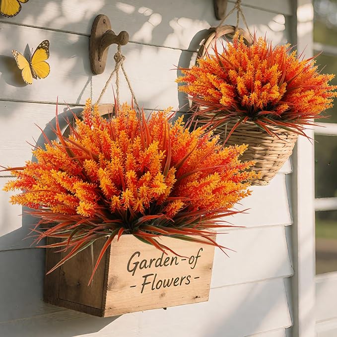 Geegoods 24 Bundles Artificial Fall Flowers Outdoor – Faux Lavender Flowers with Monkey Grass UV Resistant Plastic Faux Plants for Garden Porch Patio Home Decor, Autumn-Orange Color-HomvellaHome