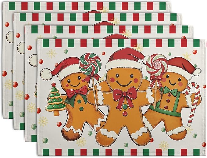 Gingerbread Man Christmas Placemats Set of 4 Candy Cane Xmas Seasonal Holiday Linen Table Mats Red Green Orange Winter Washable Place Mats for Party Kitchen Dining Outdoor Indoor Decor-HomvellaHome