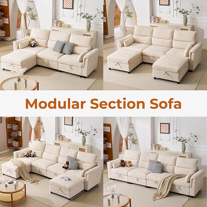 132'' Oversized Modular Sectional Sofa, U Shaped Comfy Sectional Couch with Large Storage, 6 Seat Chenille Deep Seat Cloud Sofa with 2 Throw Pillows for Living Room,Beige-HomvellaHome
