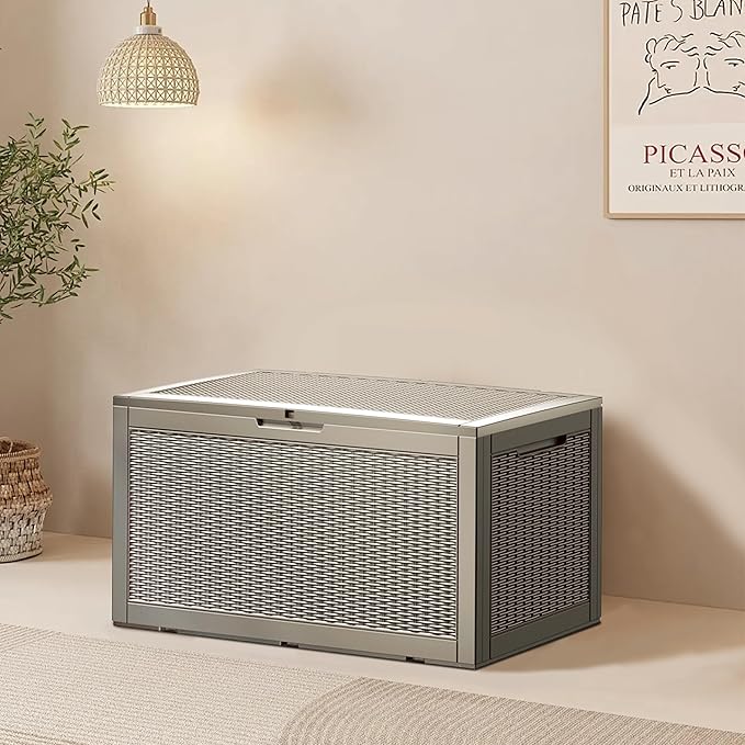 100 Gallon Resin Deck Box, Waterproof Outdoor Storage Bin for Patio Furniture, Pool Accessories, and Garden Tools, Lockable & UV-Resistant, Grey-HomvellaHome
