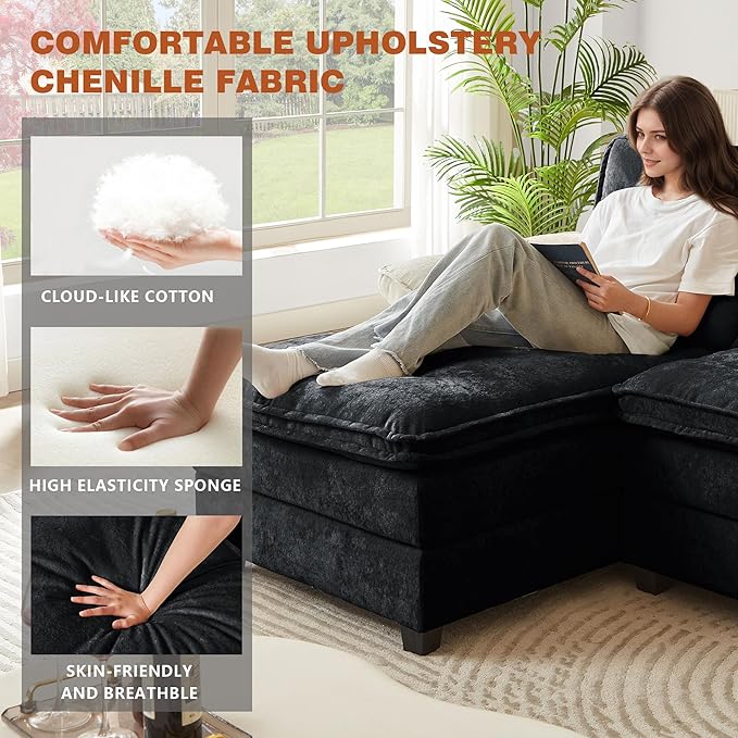 113" Oversized Cloud Couch, U Shape Sectional 4 Seat Sofa with Double Chaises, 2 Layer Cusions, Deep Seat Comfy Sofa, Upholstery Chenille Fabric for Living Room, Black-HomvellaHome