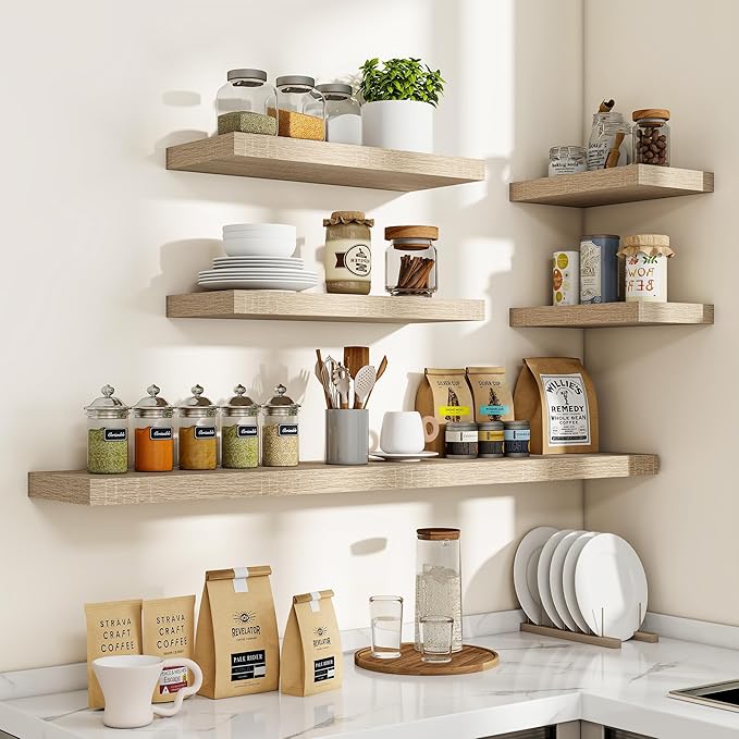 16 Inch Floating Shelves, 3D Textured Wood Grain, 16"x9.25"x1.5" Inch Deep Floating Shelves for Wall, Wooden Shelves for Bathroom, Bedroom, Living Room, Vintage White Oak-HomvellaHome