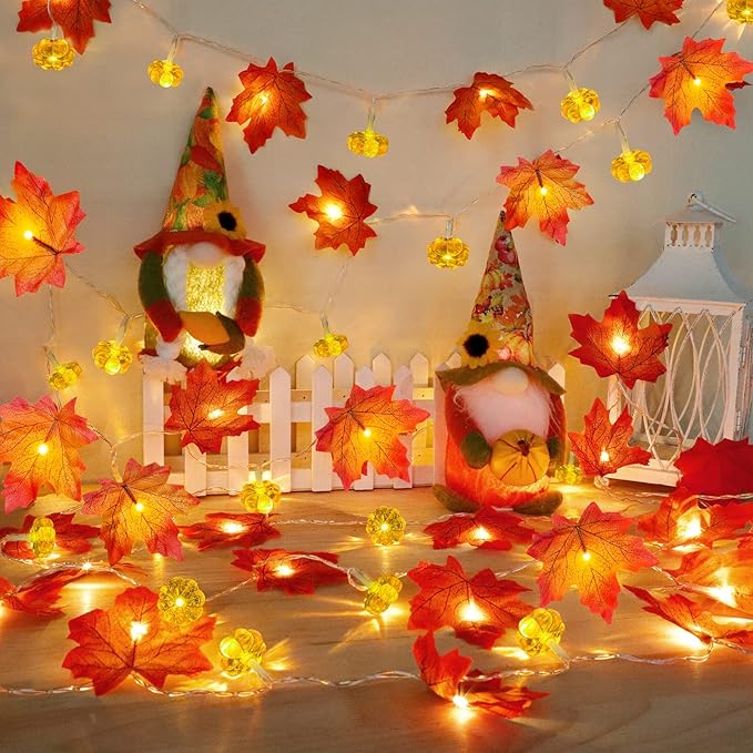 2 Pack & Timer - Fall Garland with Pumpkin Lights Halloween Fall Decor for Home 60LED 20Ft Enlarged Maples Leaves Halloween Garland Lights Indoor Battery Operated Thanksgiving Decor Wedding Christmas-HomvellaHome