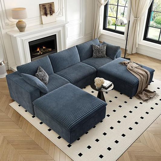 118" Cloud Couch Modular Sectional Sofa for Living Room,Modern Sofa with Deep Seat，U-Shape Boneless Couch with 2 Ottoman,Comfy Upholstered Corduroy Couches for Apartment, Studio, Office,Bedroom，Blue-HomvellaHome
