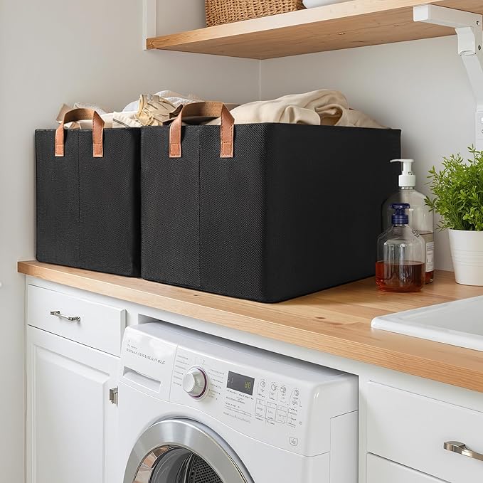 GRANNY SAYS Storage Baskets for Shelves, Closet Organizer Bins, Clothes Storage Bins with Metal Frame, Extra Large Baskets for Organizing and Storage, Collapsible, Black, 2-Pack-HomvellaHome