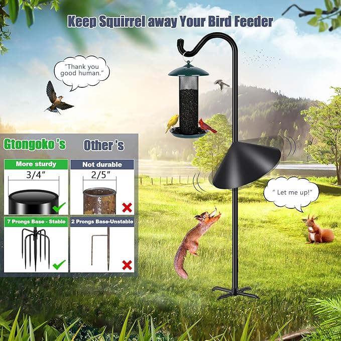 Gtongoko Bird Feeder Pole Squirrel Proof 92 Inch Shepherds Hook for Outdoor with Squirrel Baffles Adjustable Heavy Duty with 7 Prongs Base for Hanging Plants, Bird Feeders, Black-HomvellaHome