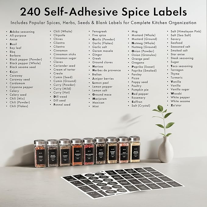 Glass Spice Jars with Labels and Steel Lids (24 x 4oz) Spice Containers with 240 Label, Steel Funnel, Shaker Inserts, Empty Square Seasoning Organizer for Spice Rack, Cabinet, Drawer-HomvellaHome