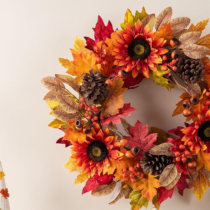 Glitzhome 24''D Fall Wreath with Hanger, Artificial Autumn Wreath for Front Door with Sunflower, Pinecone and Berry, Harvest Wreaths Decor for Indoor Outdoor Holiday Decoration-HomvellaHome