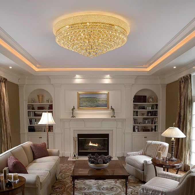 18-Light 32 inch Large Crystal Chandelier Flush Mount Ceiling Light Fixture for Living Room Dining Room Bedroom Foyer Entryway Gold Finish-HomvellaHome