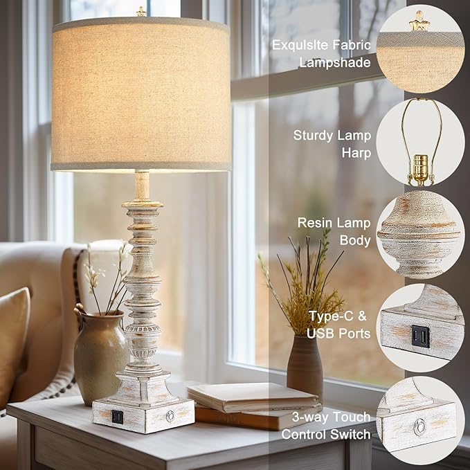 Farmhouse Table Lamps for Bedroom Set of 2 Vintage 3-Way Dimmable Touch Control Nightstand Lamps, Bedside Lamps for Living Room, Traditional Nightstand Lamp End Table lamps 28.5" (Bulbs Included)-HomvellaHome