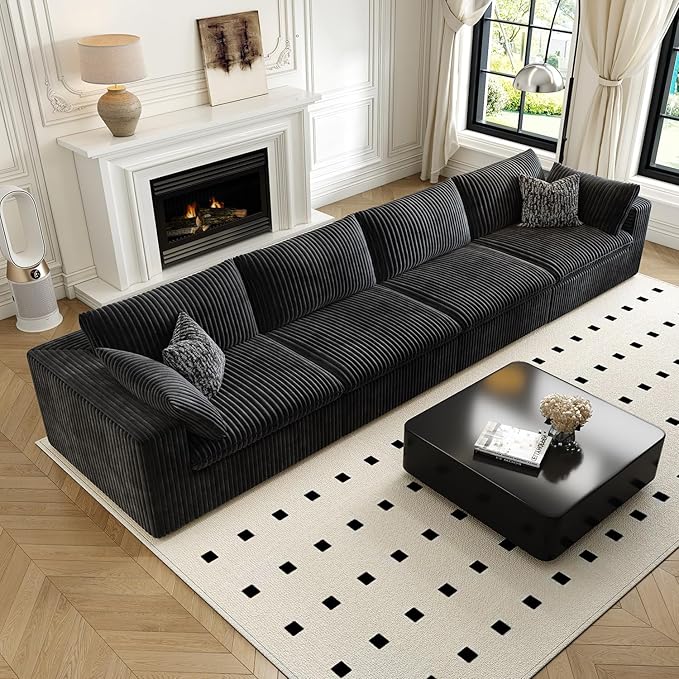 157.5" Cloud Couch Modular Sectional Sofa for Living Room,Modern Sofa with Deep Seat，4 Seater Boneless Couch,Comfy Upholstered Corduroy Couches for Apartment, Studio, Office,Bedroom，Black-HomvellaHome